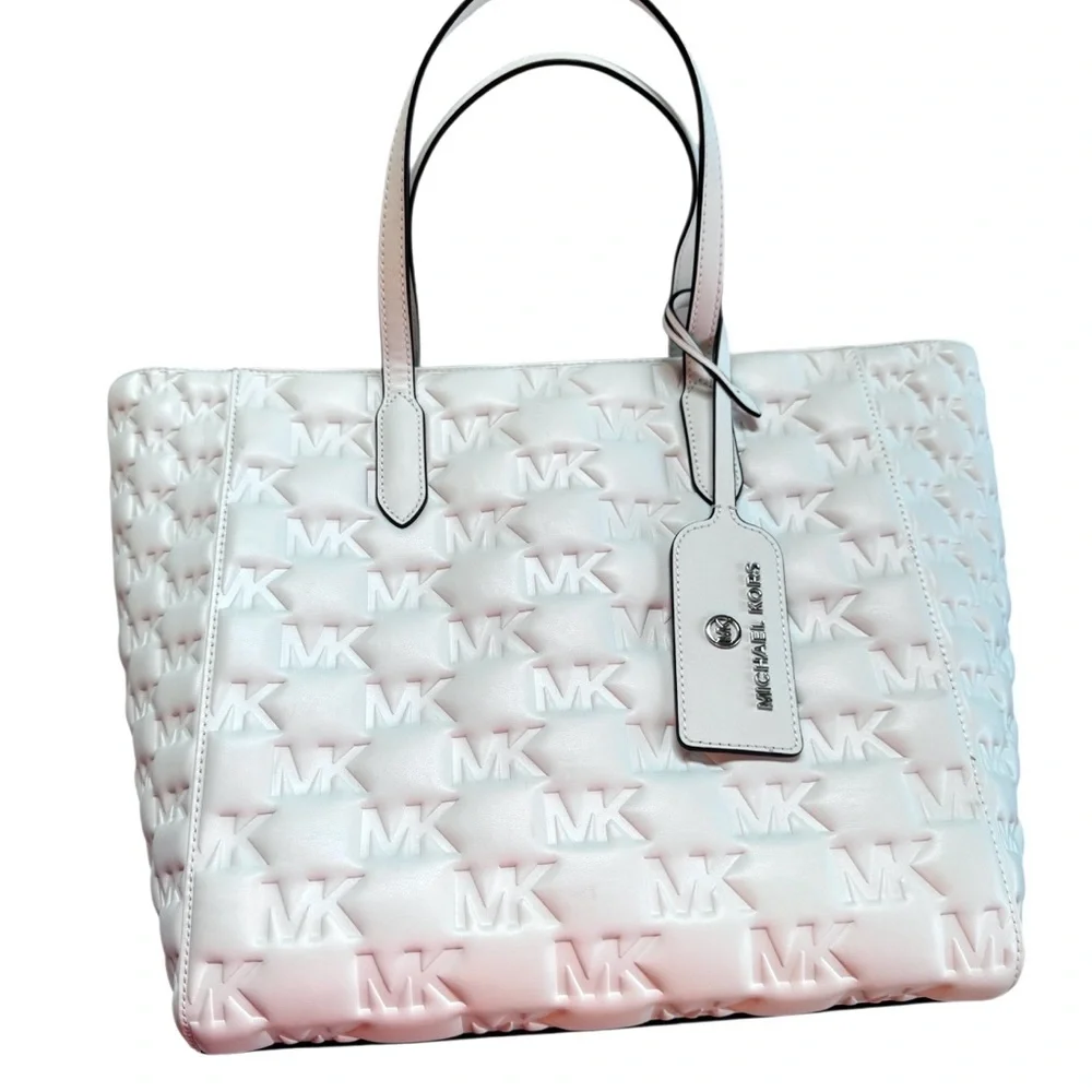 Michael Kors White Embossed MK Logo Tote Bag Silver Hardware